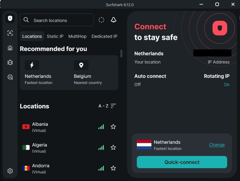 Surfshark VPN desktop app showing server list and Quick connect button