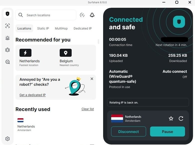 Surfshark VPN app connected to Netherlands Amsterdam server