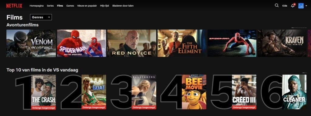 US Netflix library unlocked using Surfshark VPN showing Top 10 VS vandaag