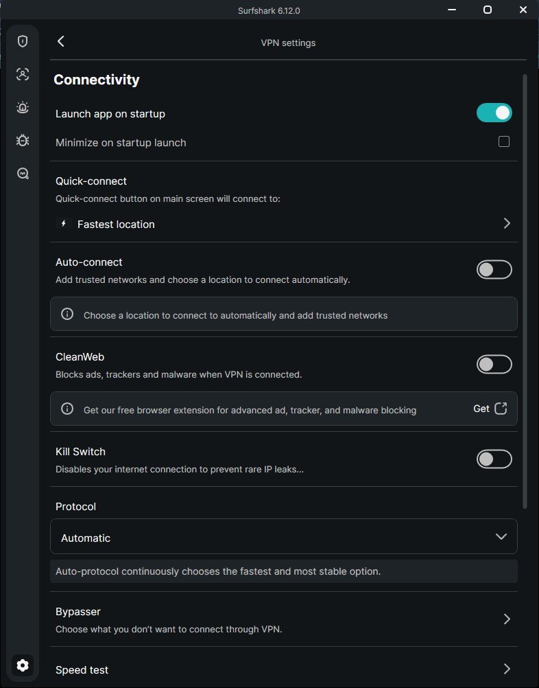 Surfshark VPN settings showing CleanWeb Kill Switch and protocol options