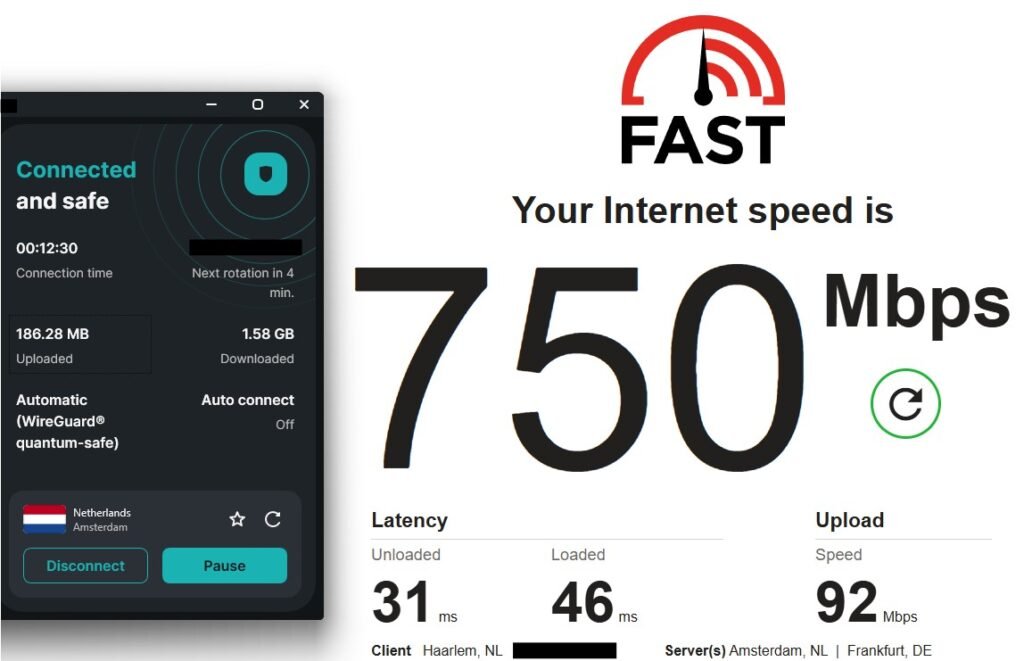 Surfshark VPN speed test result connected to Netherlands server showing 750 Mbps