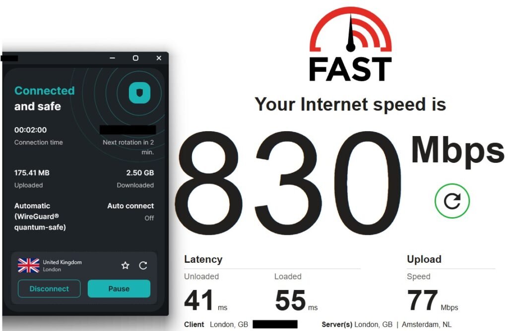 Surfshark VPN speed test result connected to UK London server showing 830 Mbps
