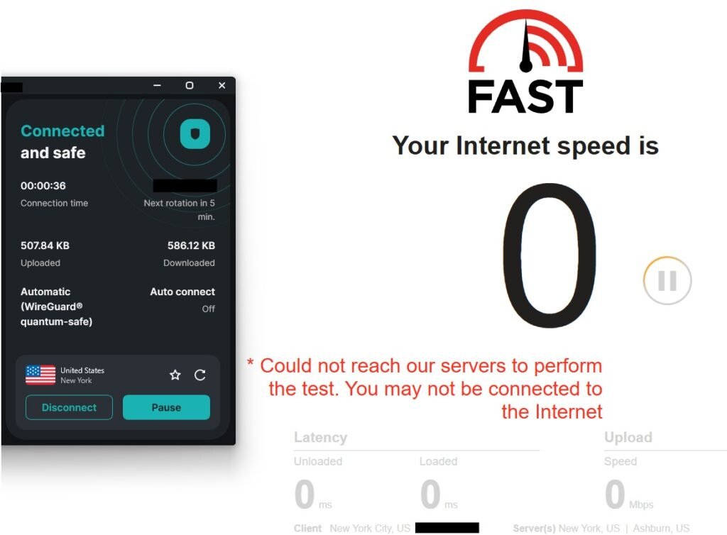 Surfshark VPN speed test on US New York server showing misleading near zero result