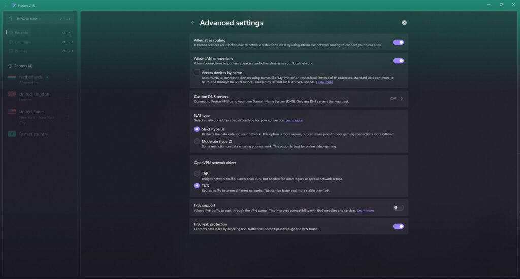 Proton VPN advanced settings including Kill Switch and split tunneling options