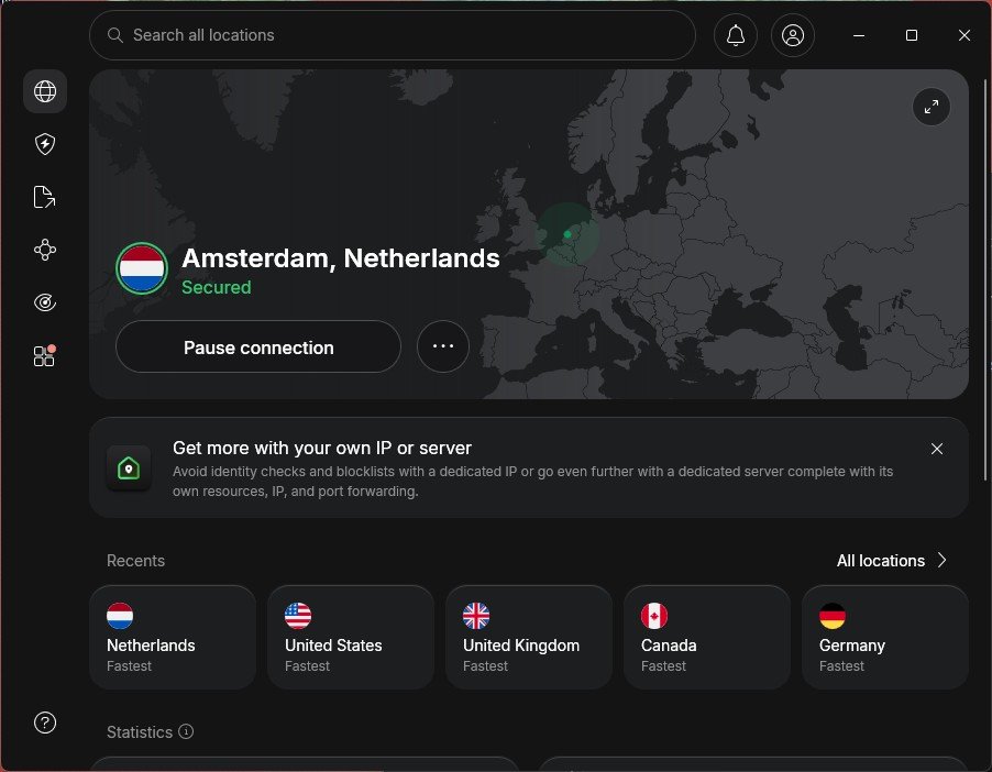 NordVPN app home screen with world map interface, connected to Amsterdam