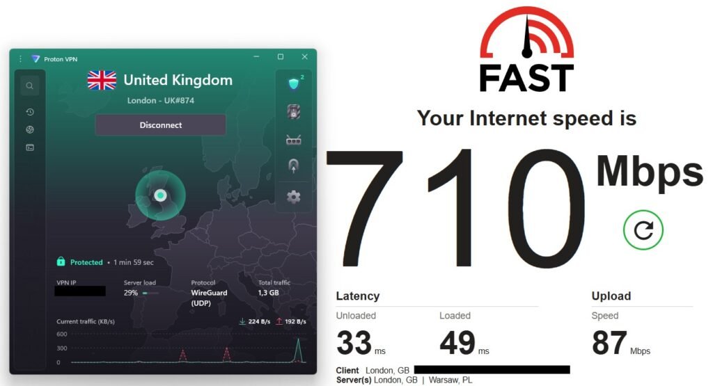 UK server speed test result on fast.com