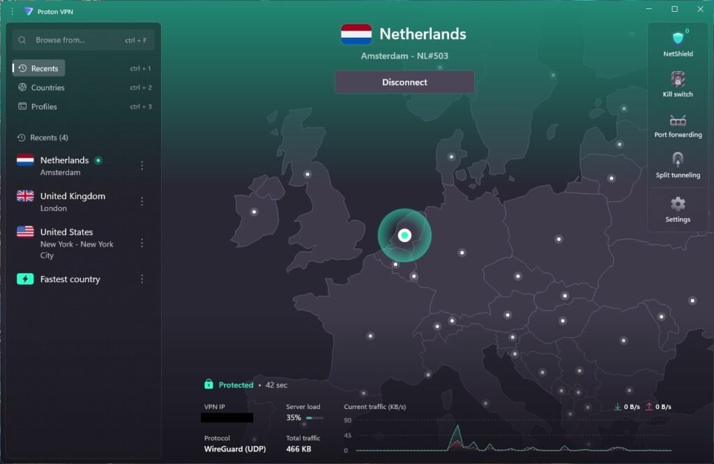Home screen showing active connection to Amsterdam server on world map interface