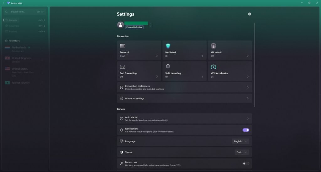 Proton VPN settings screen showing protocol and feature toggles