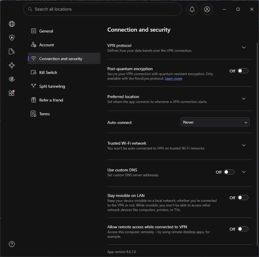 Advanced settings including kill switch and split tunneling toggles