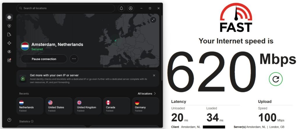 NordVPN vs Surfshark speed test comparison