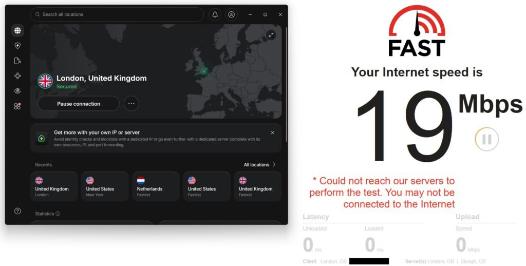 Speed test connection error on UK London server