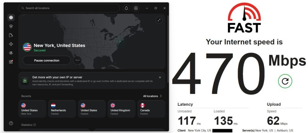 US New York server speed test result showing 470 Mbps