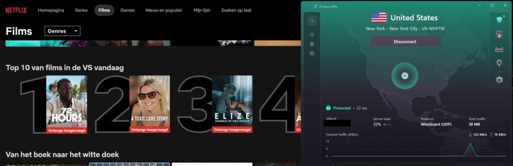 Proton VPN connected to a New York, US server showing unlocked US Netflix library