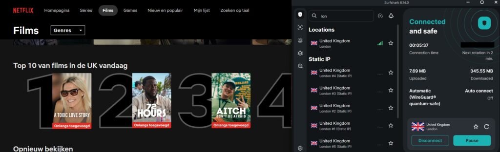 Surfshark connected to a UK London server showing unlocked Netflix UK Top 10 library
