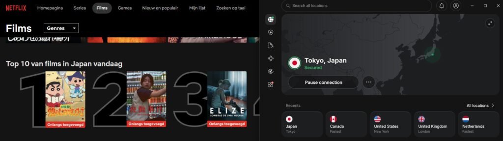 NordVPN connected to a Tokyo, Japan server showing unlocked Japanese Netflix library