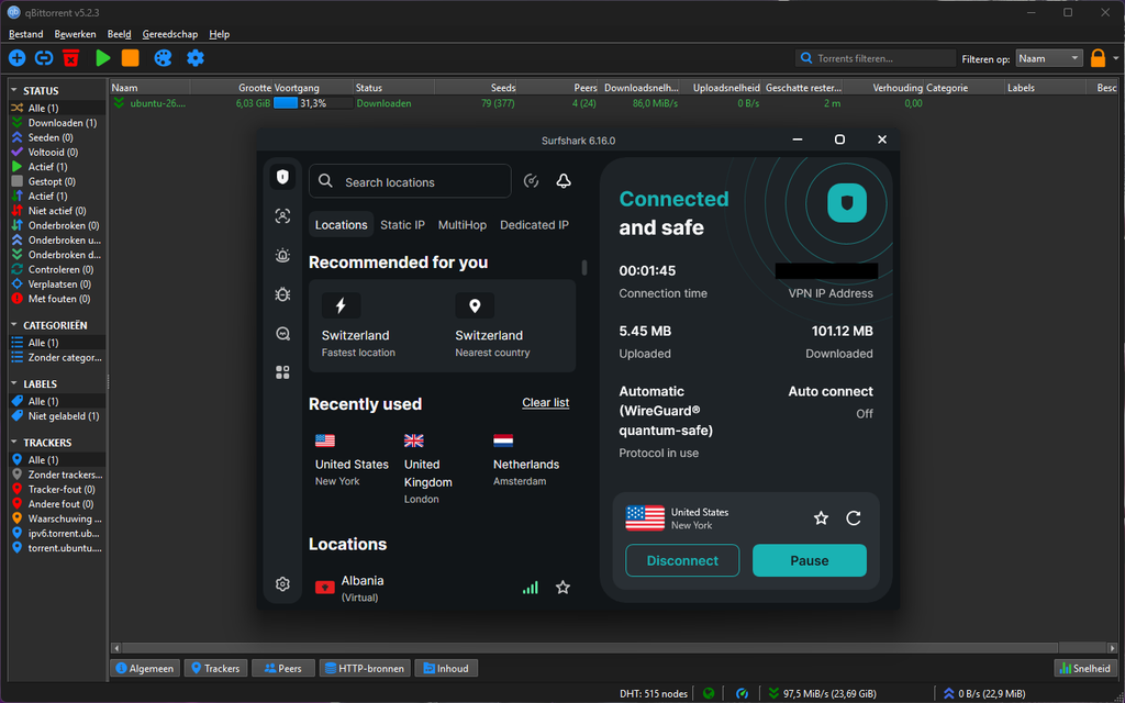 Surfshark speed test in qBittorrent